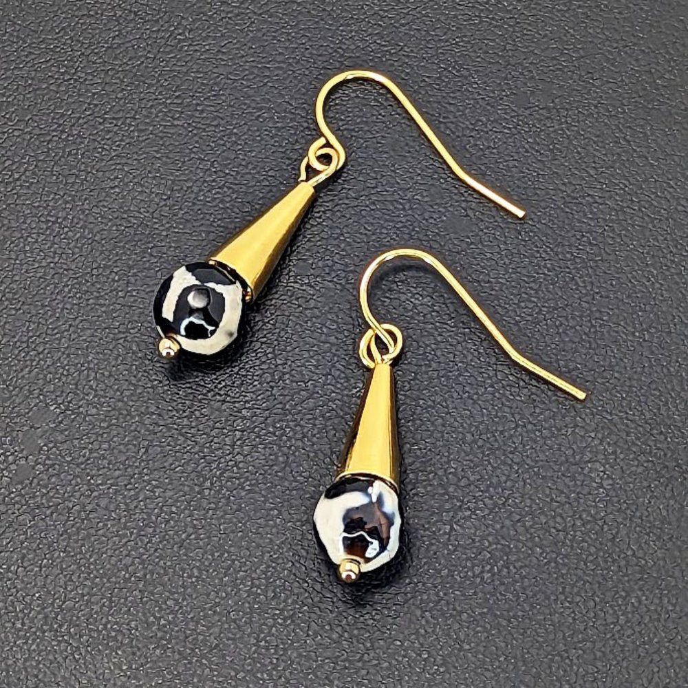 Two Tone Gold and Silver Agate Gemstone Beaded Handmade Dangle Earrings